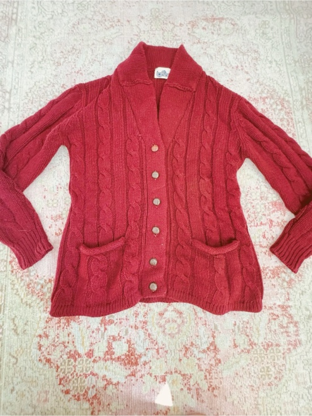 Toffee, Women’s Vintage Maroon Cable-Knit Shawl Collar Cardigan Sweater